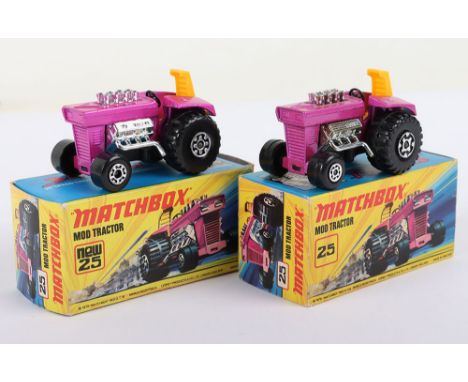 Two Matchbox Lesney Superfast Boxed Models, England: MB-25 Mod Tractor, 2 models with 2 FRONT wheel variations and 2 box vari