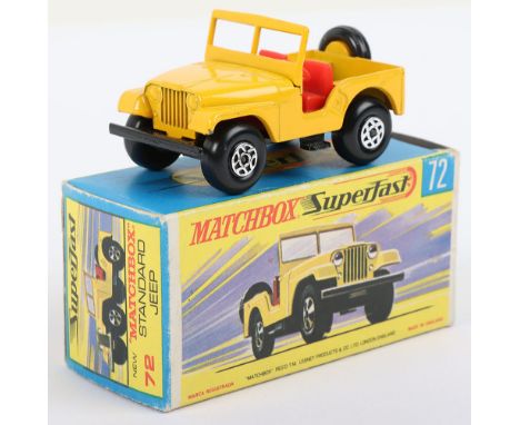 Matchbox Lesney Superfast Boxed Model, England: MB-72 Standard Jeep, Transitional model with Yellow/Orange body, Black base w