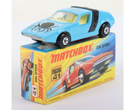 Matchbox Lesney Superfast Boxed Model, England: MB-41 Siva Spyder with LIGHT BLUE body and rarer CLEAR glass, Black Spider we