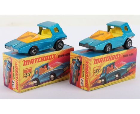 Two Matchbox Lesney Superfast Boxed Models, England: MB-37 Soopa Coopa, 2 model and 2 box variations 1) Blue body, Yellow int