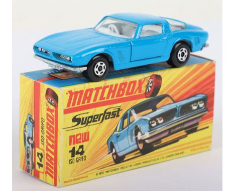 One Matchbox Lesney Superfast Boxed Model, England: MB-14 Iso Grifo with MEDIUM Blue body and WIDE 5-Spoke wheels, unpainted 