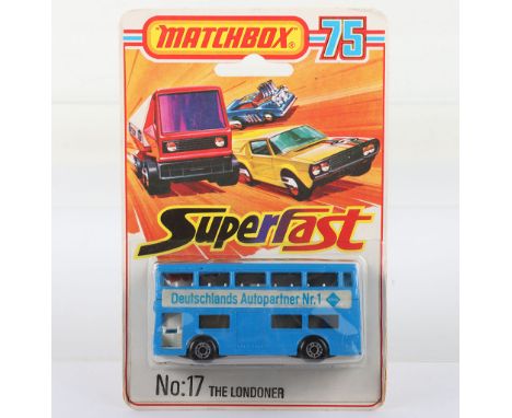 One Matchbox Lesney Superfast Boxed Model, England: MB-17 London Bus with rare BLUE body &amp; DEUTSCHLANDS AUTOPARTNER NR.1 