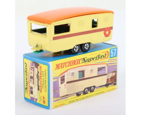 Matchbox Lesney Superfast Boxed Model, England: MB-57 Trailer Caravan with BEIGE body, BROWN stripe &amp; Flower labels, ORAN