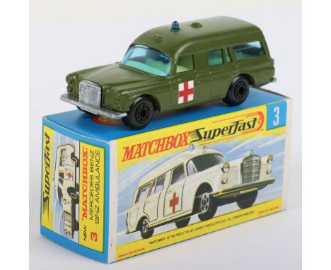 Matchbox Lesney Superfast Boxed Model, England: MB-3 Mercedes Benz Binz Ambulance, Military Green body, Unpainted base, BLACK