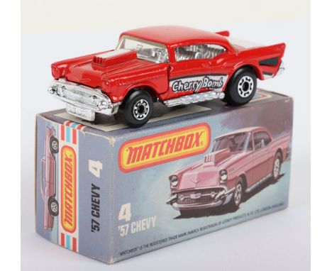 One Matchbox Lesney Superfast Boxed Model, England: MB-4 ’57 Chevy with RED body, WHITE Hood &amp; Trunk prints, Opening hood