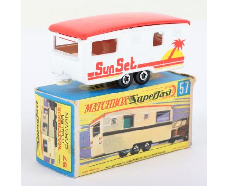 Matchbox Lesney Superfast Boxed Model, England: MB-57 Trailer Caravan, White body with SUNSET prints, Black base clip, Thin C