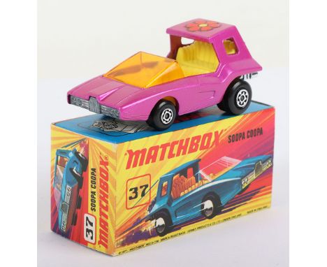 Matchbox Lesney Superfast Boxed Models, England: MB-37 Soopa Coopa with rarer PINK body &amp; FLOWER label, Yellow interior, 