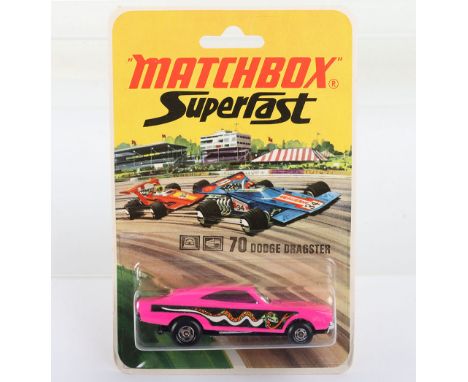 Matchbox Lesney Superfast Boxed Model, England: MB-70 Dodge Dragster in early 1970’s sealed blistercard, Purple opening body 