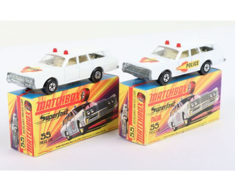 Two Matchbox Lesney Superfast Boxed Models, England: MB-55 Police Car, 2 model and 2 box variations 1) White body with POLICE