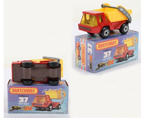 Matchbox Lesney Superfast Boxed Model, England: MB-37 Skip Truck with scarce METALLIC BROWN base &amp; GRILLE, DARK Red body,