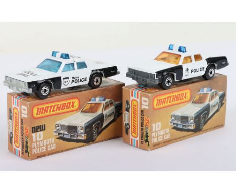 Two Matchbox Lesney Superfast Boxed Models, England: MB-10 Plymouth Police Car, 2 model and 2 box variations 1) METRO POLICE 