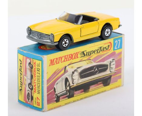 Matchbox Lesney Superfast Boxed Model, England: MB-27 Mercedes 230 SL variation with LIGHT Yellow body, WIDE 5-Spoke wheels w