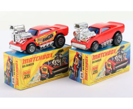 Two Matchbox Lesney Superfast Boxed Models, England: MB-26 Big Banger, 2 model variations 1) Red body, BIG BANGER side labels
