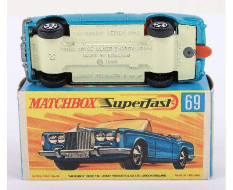 Matchbox Lesney Superfast Boxed Model, England: MB-69 Rolls Royce Silver Shadow with LIGHT YELLOW/CREAM base, model with Blue