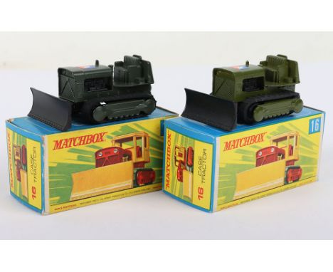 Two Matchbox Lesney Superfast Boxed Models, England: MB-16 Case Tractor, two military model variations,1. rare DARK DRAB body