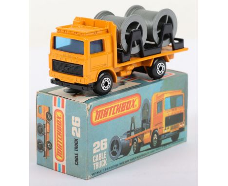 Matchbox Lesney Superfast Boxed Model, England: MB-26 Cable Truck, Orange body, LIGHT Grey cable drums, Black base, wide 5-Ar
