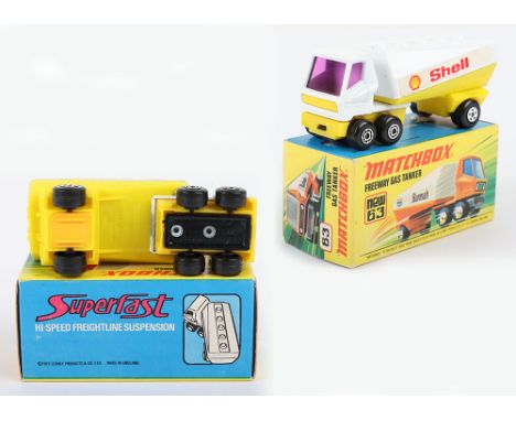 Matchbox Lesney Superfast Boxed Model, England: MB-63 Freeway Gas Tanker, variation with rarer YELLOW plastic Trailer base in