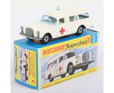 Matchbox Lesney Superfast Boxed Model, England: MB-3 Mercedes Benz Binz Ambulance with THIN 5-Spoke wheels, White body with R