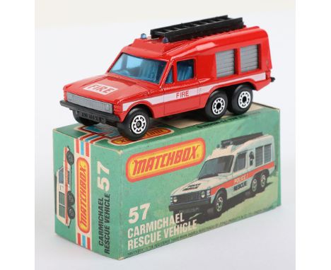 Matchbox Lesney Superfast Boxed Model, England: MB-57 Carmichael Rescue Vehicle with RED body &amp; FIRE prints, BLACK base, 