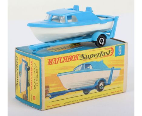 Matchbox Lesney Superfast Boxed Model, England: MB-9 Boat and Trailer, Transitional model with White body and Blue Deck,Light