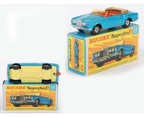 Matchbox Lesney Superfast Boxed Model, England: MB-69 Rolls Royce Silver Shadow with rare DARK YELLOW base, model with Blue b