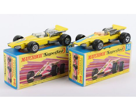 Two Matchbox Lesney Superfast Boxed Models, England: MB-34 Formula 1 Racing Car, 2 model and 2 box variations 1) Yellow body 