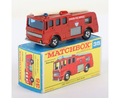 Matchbox Lesney Superfast Boxed Model, England: MB-35 Merryweather Fire Engine with 1st issue LIGHTER METALLIC RED body and r