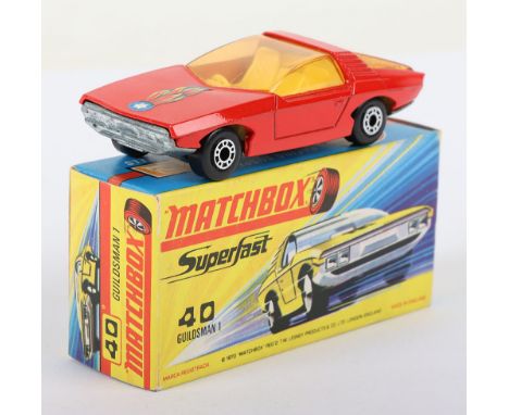 Matchbox Lesney Superfast Boxed Model, England: MB-40 Vauxhall Guildsman with RED body, flame label, AMBER glass as opposed t