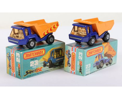 Two Matchbox Lesney Superfast Boxed Models, England: MB-23 Atlas Truck, 2 model and 2 box variations 1) Blue cab, Orange Dump