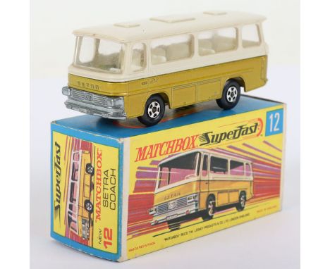 Matchbox Lesney Superfast Boxed Model, England: MB-12 Setra Coach with GOLD body and DARK TAN roof, Clear glass, Thin 5-spoke