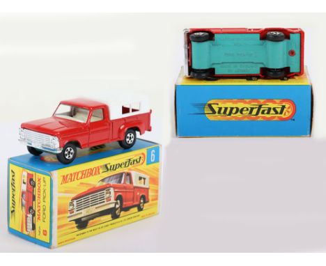 Matchbox Lesney Superfast Boxed Model, England: MB-6 Ford Pick-Up with THIN 5-Spoke wheels and GREEN base, Red body with Whit