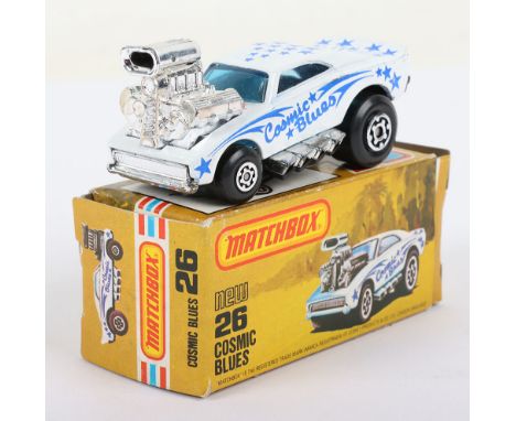 Matchbox Lesney Superfast Boxed Model: MB-26 Cosmic Blues with hard to find USA L picture box, White body with COSMIC BLUES &