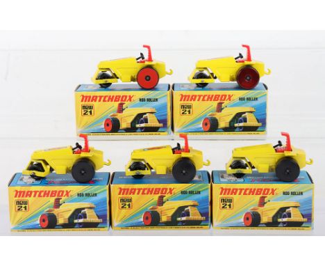 Five Matchbox Lesney Superfast Boxed Models, England: MB-21 Rod Roller with 5 different model variations, all models have Yel