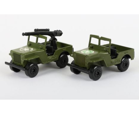 Two Matchbox Lesney Superfast Models, England: MB-38-Armoured Jeep, 2 model variations, both have Green body and black 5-Arch