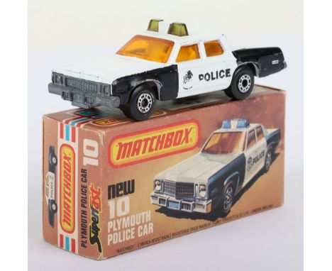 Matchbox Lesney Superfast Boxed Model, England: MB-10 Plymouth Police Car with scarce GREEN ROOF lights, SHIELD &amp; POLICE 