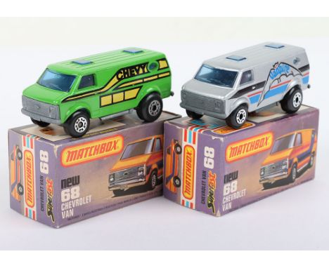 Two Matchbox Lesney Superfast Boxed Models, England: MB-68 Chevrolet Van, 2 model variations 1) GREEN body with LIGHT Blue gl