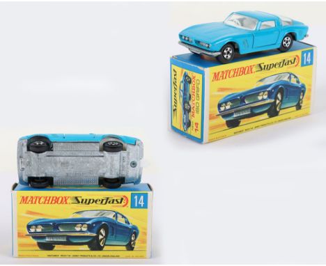Matchbox Lesney Superfast Boxed Model, England: MB-14 Iso Grifo with rarer LIGHT Blue-Green body and THIN 5-Spoke wheels, onl