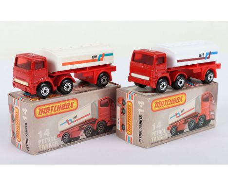 Two Matchbox Lesney Superfast Boxed Models, England: MB-14 Petrol Tanker, 2 model variations 1) Red cab with LIGHT Red glass 