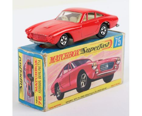 Matchbox Lesney Superfast Boxed Model, England: MB-75 Ferrari Berlinetta, Transitional model with Dark Red body &amp; Grille,