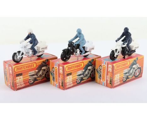 Three Matchbox Lesney Superfast Boxed Models, England: MB-33 Police Motor Cyclist, 3 model and 3 box variations 1) White body