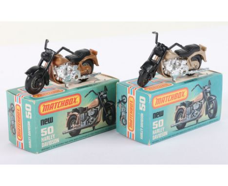 Two Matchbox Lesney Superfast Boxed Models, England: MB-50 Harley Davidson, 2 model and 2 box variations 1) DARK Gold body an