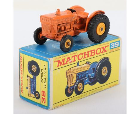 Matchbox Lesney Boxed Model, England: MB-39 Ford Tractor, Lesney Regular wheel model with ORANGE body in last issue F box, re