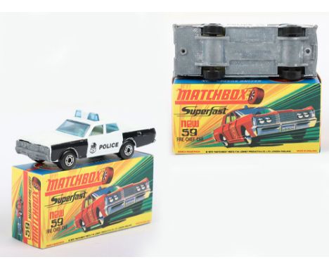 Matchbox Lesney Superfast Boxed Model, England: MB-59 Fire Chief Car with rarer WHITE body and unpainted MERCURY base, Black 
