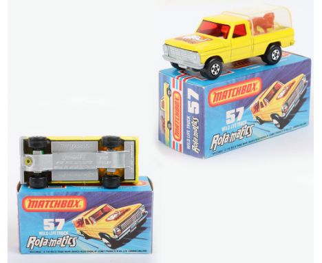 Matchbox Lesney Superfast Boxed Model, England: MB-57 Wild Life Truck with rare SILVER painted base, Yellow body with Red Gla