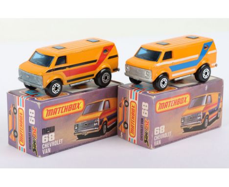 Two Matchbox Lesney Superfast Boxed Models, England: MB-68 Chevrolet Van, 2 model and 2 box variations 1) Orange body with LI