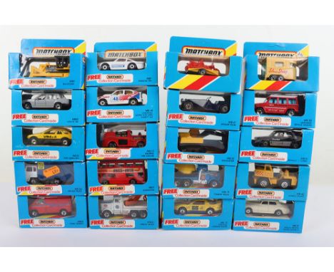 Twenty Matchbox Superfast Boxed Issues, Including: Made In England MB-43 Pony Trailer beige body, black base ‘Silver Shoes’ M