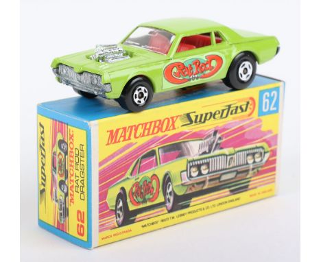 Matchbox Lesney Superfast Boxed Model, England: MB-62 Rat Rod Dragster, variation with DARK LIME GREEN body, Rat Rod labels, 
