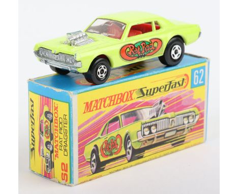 Matchbox Lesney Superfast Boxed Model, England: MB-62 Rat Rod Dragster, variation with LIGHT YELLOW-GREEN body, Rat Rod label
