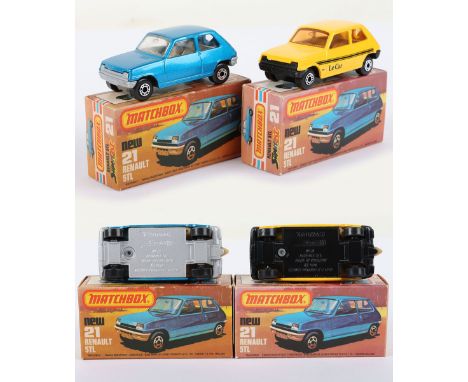 Two Matchbox Lesney Superfast Boxed Models, England: MB-21 Renault 5TL, 2 model and 2 box variations 1) Blue body, SILVER pai