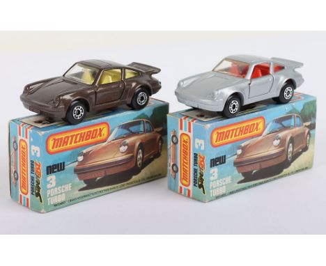 Two Matchbox Lesney Superfast Boxed Models, England: MB-3 Porsche Turbo, 2 model variations 1) Metallic Brown body with Yello